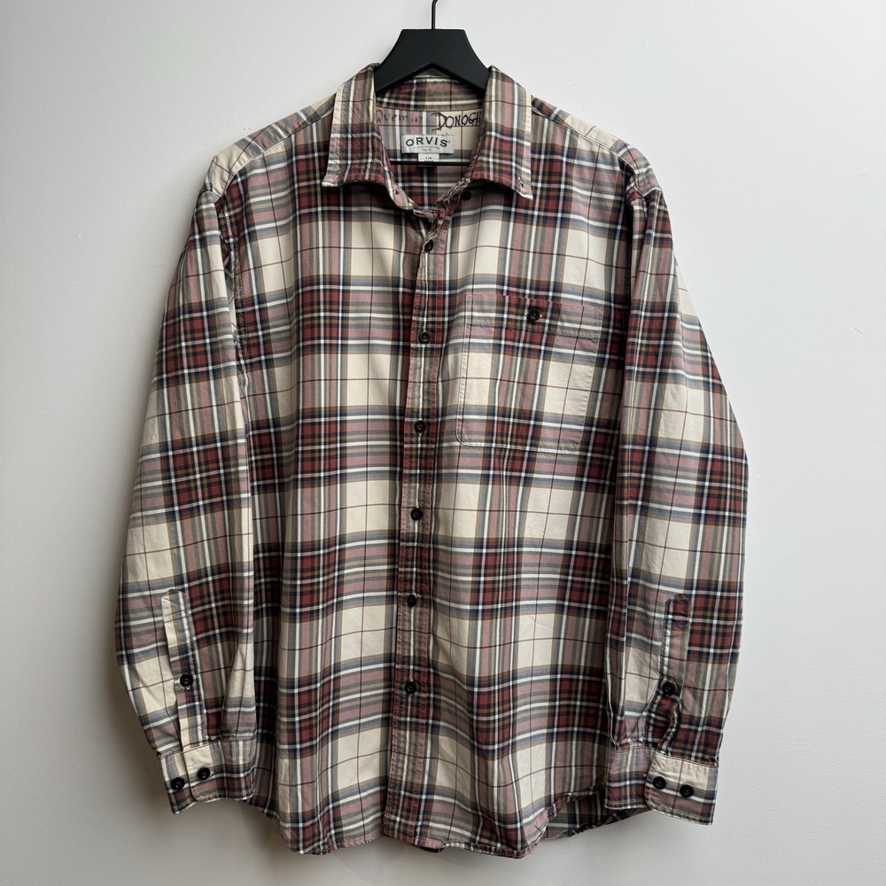 ORVIS Button Down Shirt L Heavy Cotton Ivory Plaid Long Sleeve Casual Men's